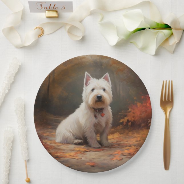 Assiettes En Carton West Highland White Terrier à l'automne Leaves aut (Mariage)