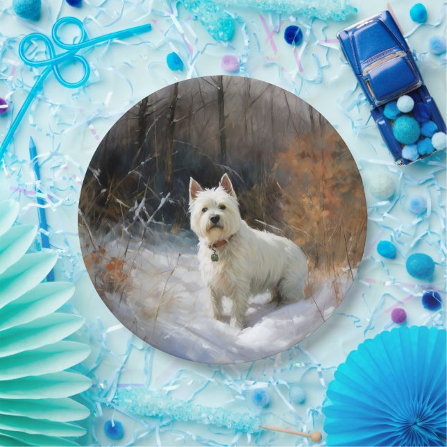 Assiettes En Carton West Highland White Terrier Laissons neiger Noël (Fête)
