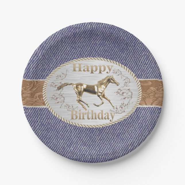 Assiettes En Carton Western Belt et Buckle sur Denim Joyeux anniversai (Devant)