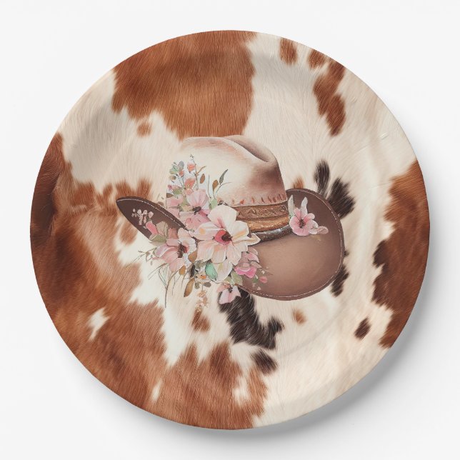 Assiettes En Carton Western Brown Creme Floral Casquette (Devant)