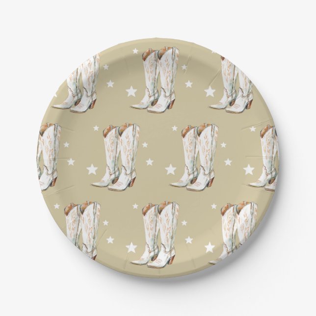 Assiettes En Carton Western Country Cowgirl Boots Beige Birthday Party (Devant)