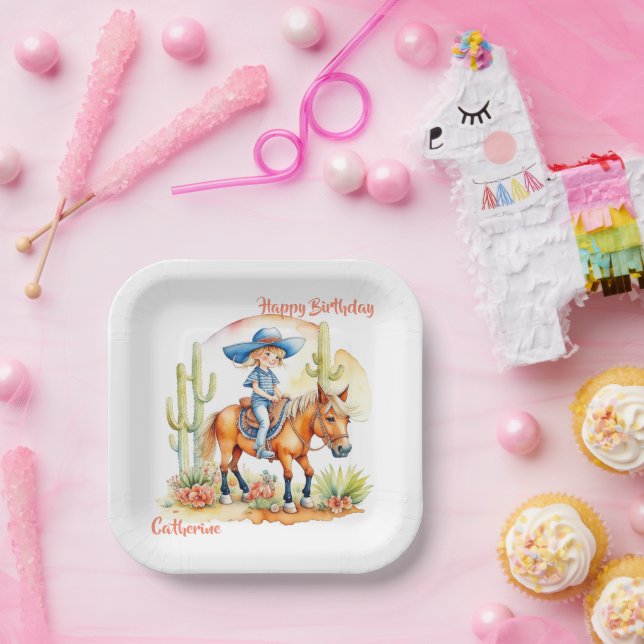 Assiettes En Carton Western Cowgirl on Horse Anniversaire personnalisé (Fête)