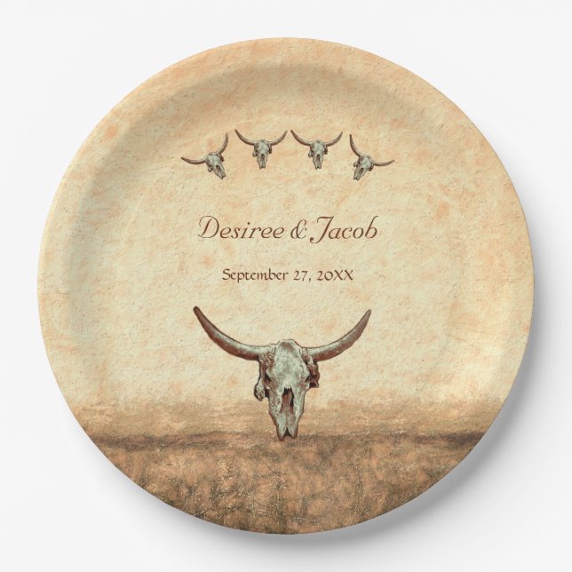 Assiettes En Carton Western Mariage Rustic Country Cow Bull Skull (Devant)