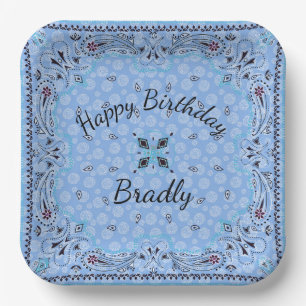 Assiettes En Carton Western Paisley Blue Bandana Custom 9"
