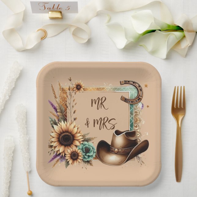 Assiettes En Carton Western Rustic Mariage M. & Mme 9 Pouce Carré (Mariage)