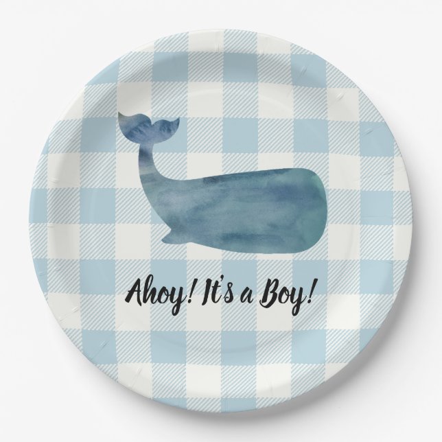 Assiettes En Carton Whale Blue En vichy Baby shower Ahoy c'est un garç (Devant)