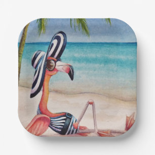 Assiettes En Carton Whimsical Beach Babe Flamant rose No 1 Aquarelle A