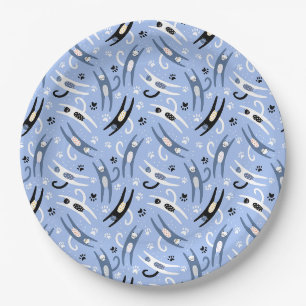 Assiettes En Carton Whimsical Blue Blanc noir Motif de chat