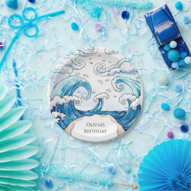 Assiettes En Carton Whimsical Blue Fun Ocean Waves Anniversaire (Fête)