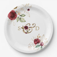 Whimsical Bourgogne Gold Flowers Monogramme Mariag