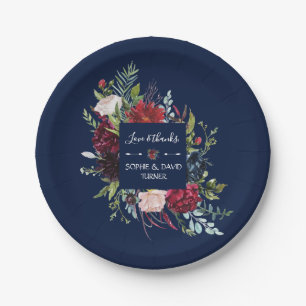 Assiettes En Carton Whimsical Burgundy Blush Flowers Mariage bleu mari