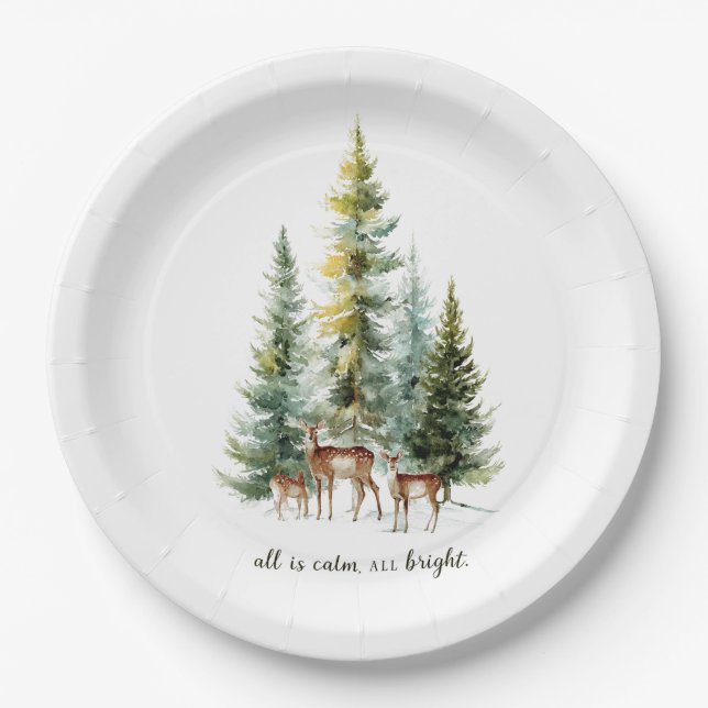 Assiettes En Carton Whimsical Christmas Deers in Forest Paper Plates (Devant)