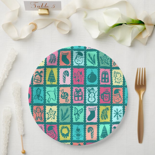 Assiettes En Carton Whimsical Christmas Grid Cute Bright Holiday (Mariage)