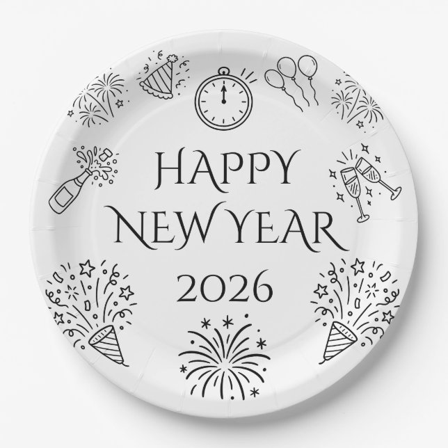 Assiettes En Carton Whimsical Doodles Black Happy New Year 2026 (Devant)