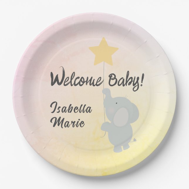 Assiettes En Carton Whimsical Elephant Welcome Baby (Devant)