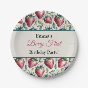 Assiettes En Carton Whimsical Green Strawberry Nom de l'anniversaire