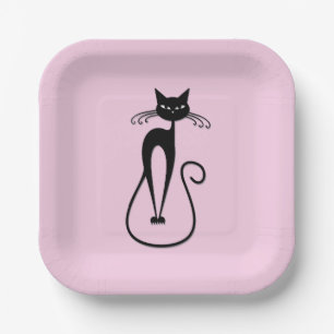 Assiettes En Carton Whimsical Skinny Chat noir rose