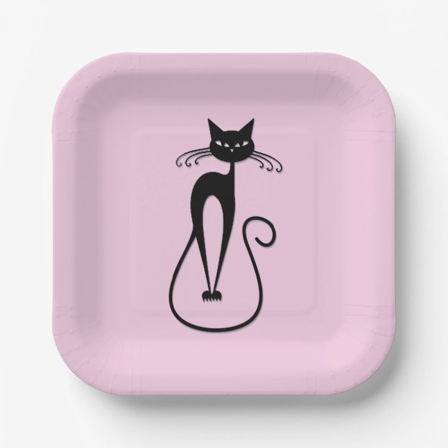 Assiettes En Carton Whimsical Skinny Chat noir rose (Recto)