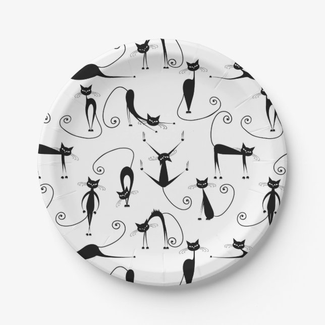 Assiettes En Carton Whimsical Skinny Motif de chat noir (Devant)