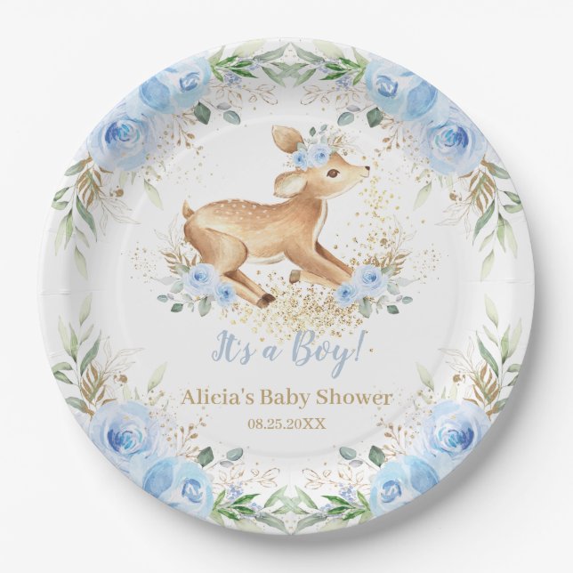 Assiettes En Carton Whimsical Sweet Deer Baby shower floral bleu (Devant)