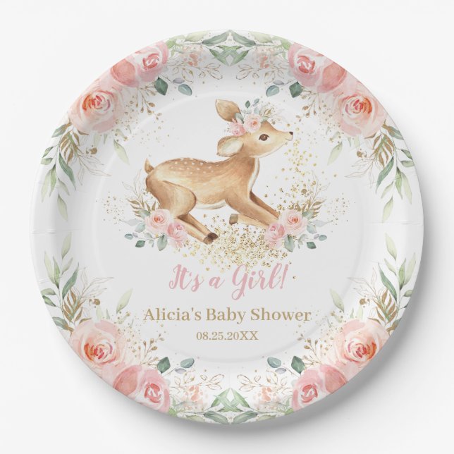 Assiettes En Carton Whimsical Sweet Deer Blush Floral Baby shower (Devant)