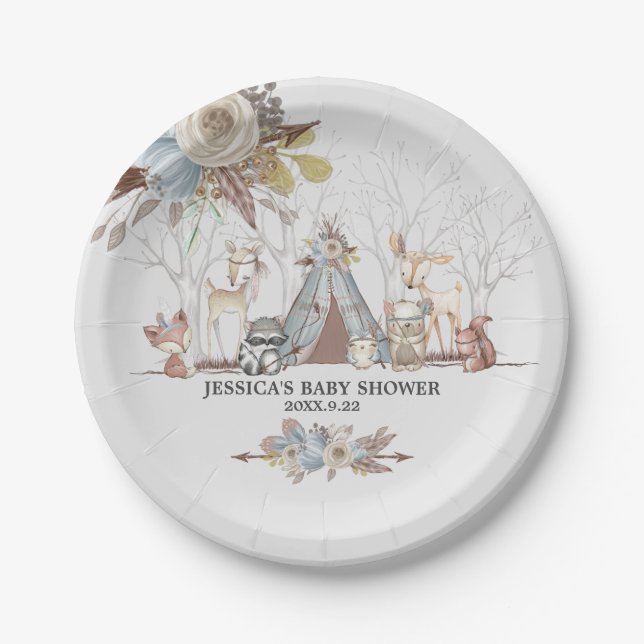 Assiettes En Carton Whimsical Tribal Woodland Animaux Baby Boy Douche (Devant)