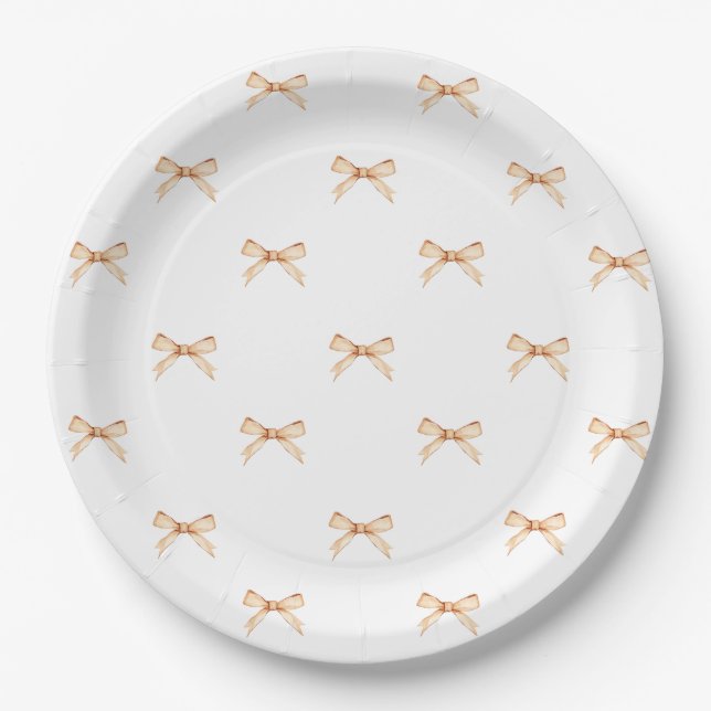 Assiettes En Carton White Paper Plate with Gold Bow Pattern (Devant)