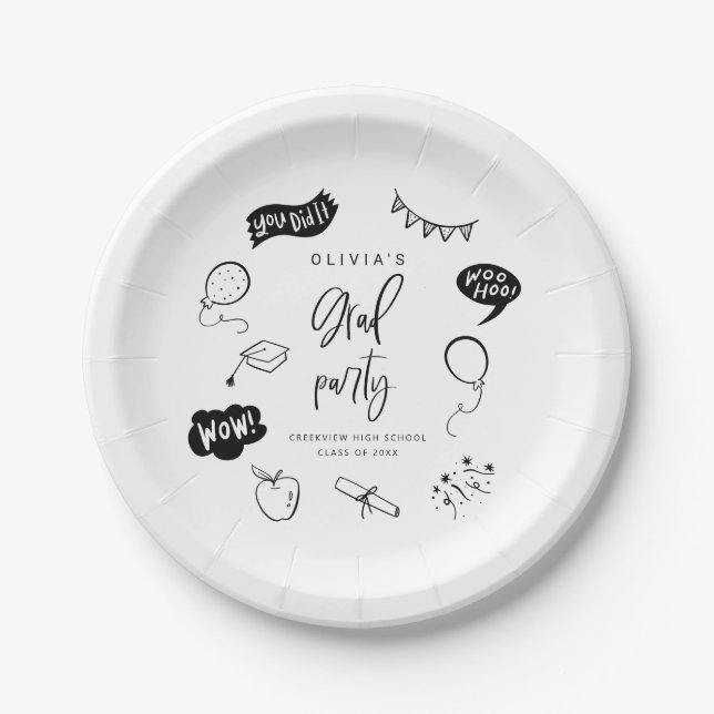 Assiettes En Carton White Quirky Grad Icons fête de graduation (Devant)