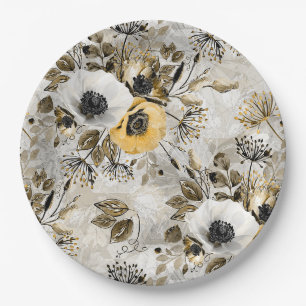 Assiettes En Carton White, yellow anemones on a gray-brown background.