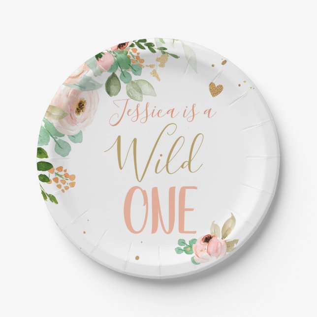 Assiettes En Carton Wild One 1er Anniversaire Rose Gold Flowers (Devant)