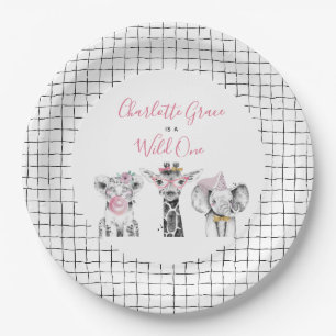 Assiettes En Carton Wild One Animal Safari noir blanc rose Anniversair
