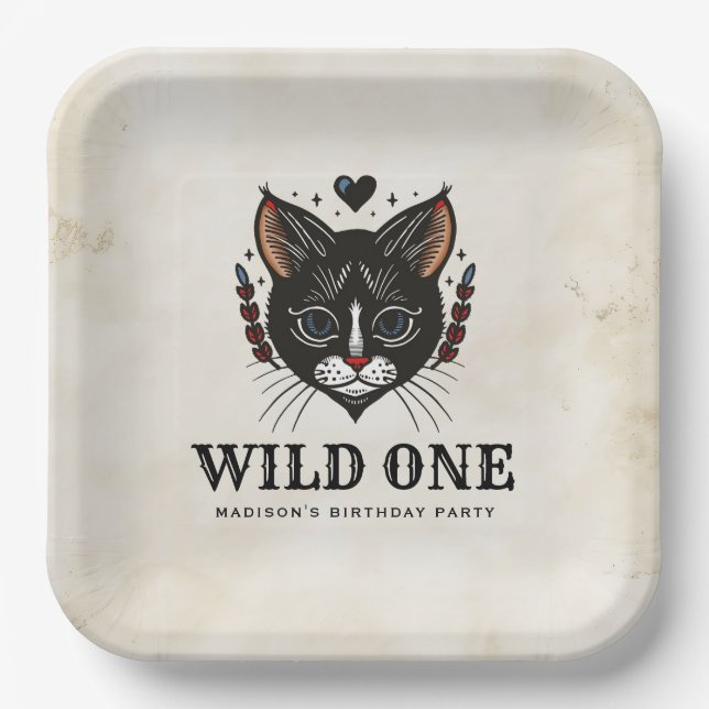 Assiettes En Carton Wild One Cute Kitten Cat Rockabilly 1er Anniversai (Recto)