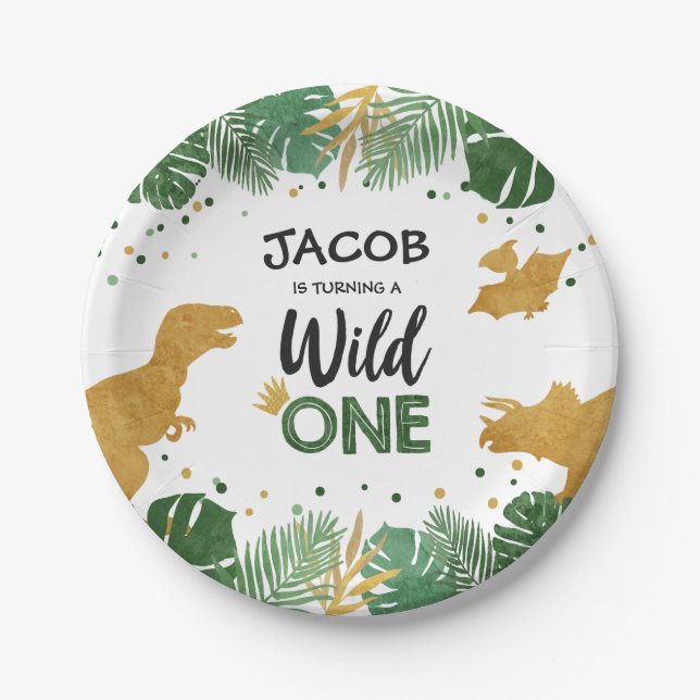 Assiettes En Carton Wild One Gold Dinosaur Boy premier anniversaire Sa (Devant)