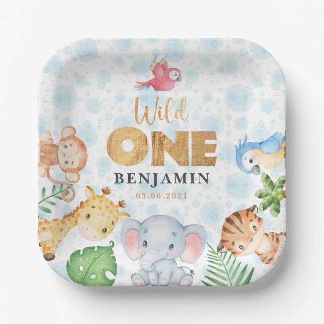 Assiettes En Carton Wild One Jungle Animaux 1er Anniversaire Party Pap (Recto)