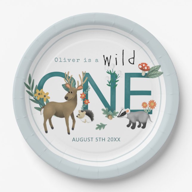 Assiettes En Carton Wild One mignon Blue Woodland Animaux 1er annivers (Devant)