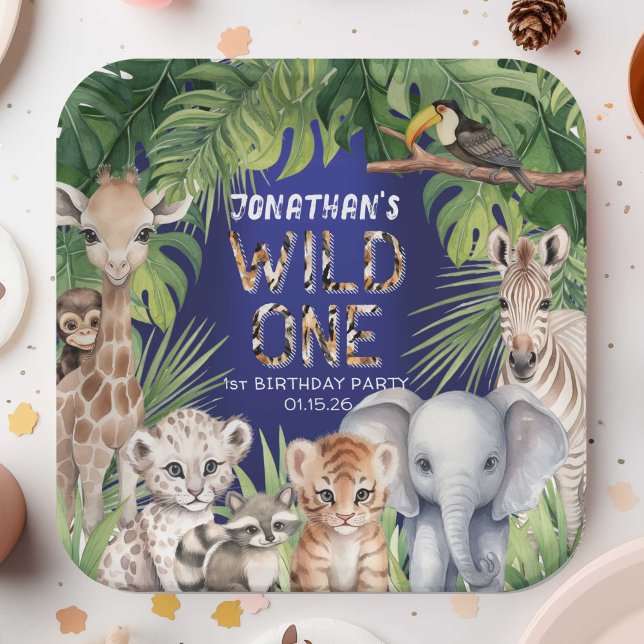 Assiettes En Carton Wild one Navy Blue Safari jungle 1er anniversaire (Créateur téléchargé)