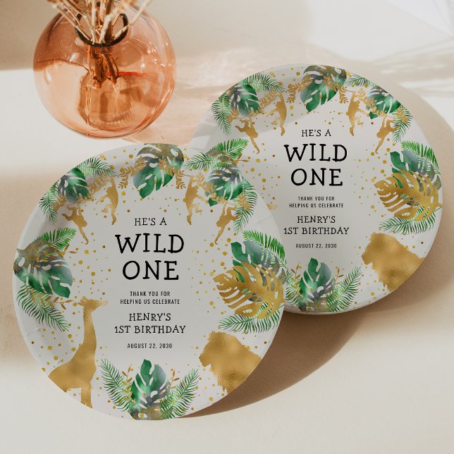 Assiettes En Carton Wild One Safari 1er anniversaire fête Green Ecru (Créateur téléchargé)
