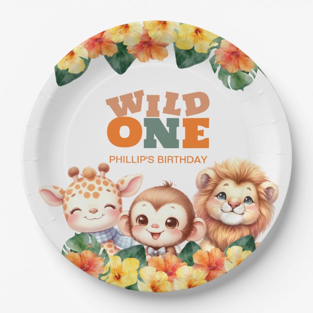 Assiettes En Carton Wild Un 1er anniversaire Safari Lion Giraffe Monke (Devant)
