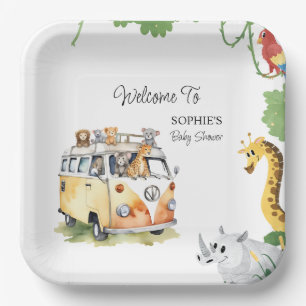 Assiettes En Carton Wild Wheels Safari Baby shower animal Camper Van