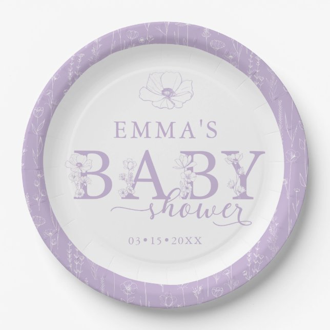 Assiettes En Carton Wildflower Baby Shower | Lavender Floral Plate (Devant)