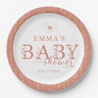 Assiettes En Carton Wildflower Baby Shower | Terracotta Floral Plate
