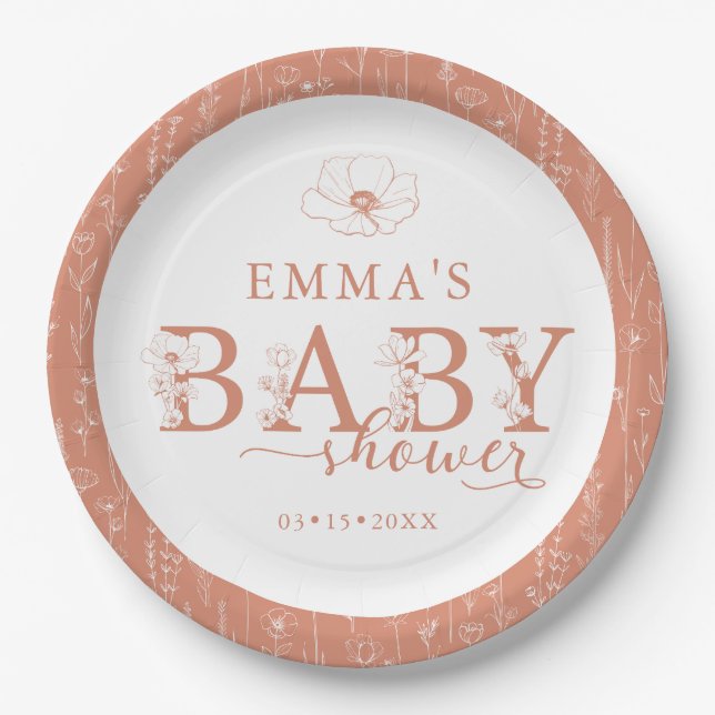 Assiettes En Carton Wildflower Baby Shower | Terracotta Floral Plate (Devant)
