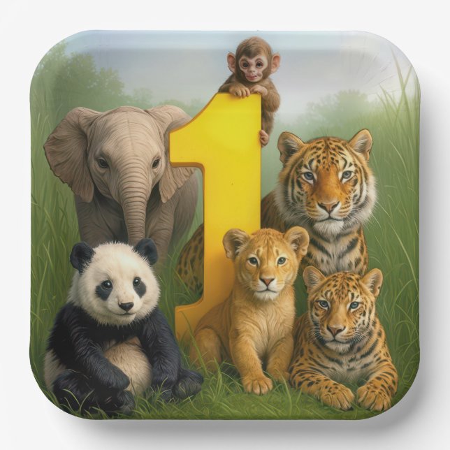 Assiettes En Carton Wildlife Animal Babies With a Number One (Recto)