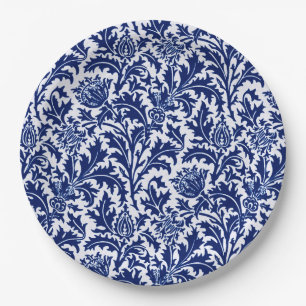 Assiettes En Carton William Morris Thistle Damask, Cobalt Bleu & Blanc
