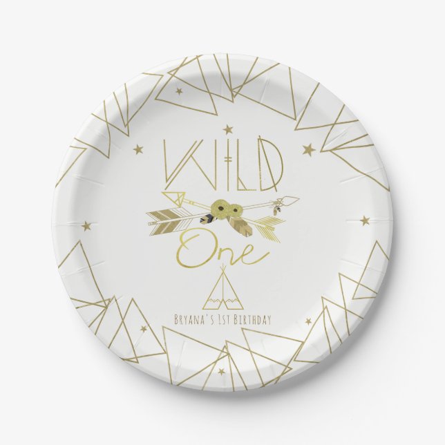 Assiettes En Carton WILONE Gold & White Boho 1er anniversaire N'IMPORT (Devant)