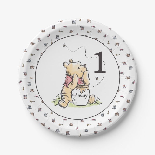 Assiettes En Carton Winnie l'aquarelle de l'ouïe Premier anniversaire (Devant)