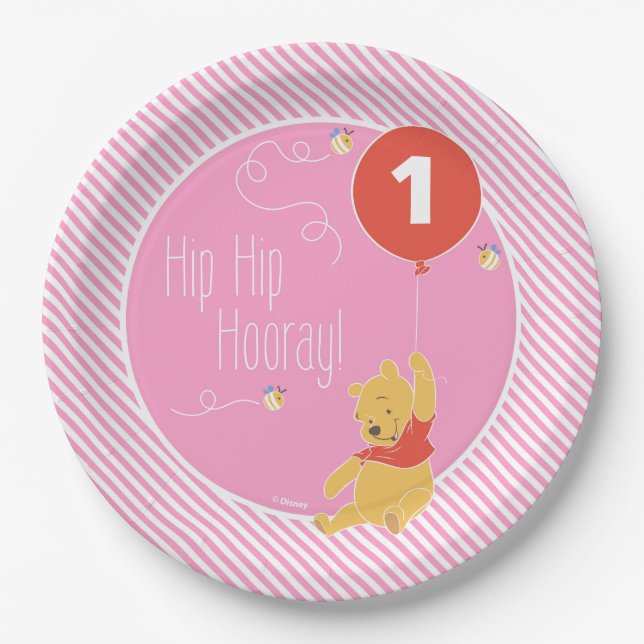 Assiettes En Carton Winnie l'Ourson| Baby Girl - Premier anniversaire (Devant)