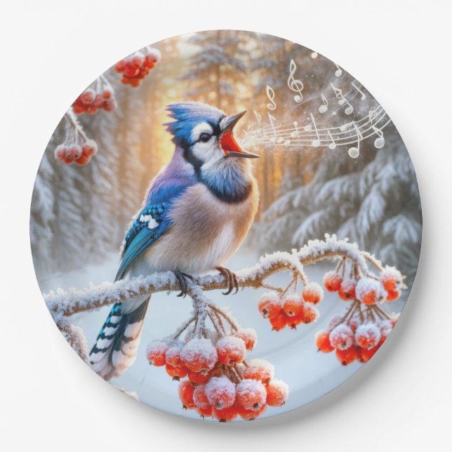 Assiettes En Carton Winter Blue Jay chantant sur un Berry Tree rouge (Devant)