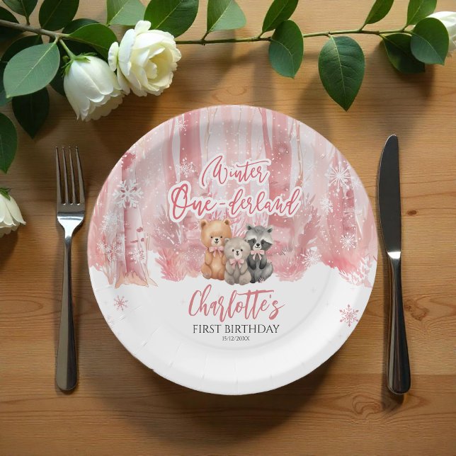 Assiettes En Carton Winter Onederland Bear Pink First Birthday Party (Créateur téléchargé)