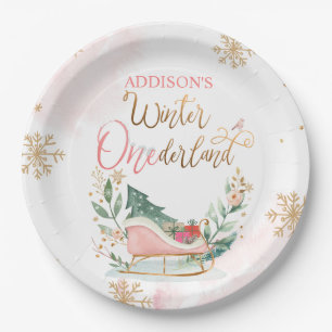 Assiettes En Carton Winter Onederland Party Fille Neige rose Anniversa